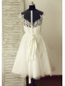 Sheer Neckline Ivory Lace Tulle Tea Length Elegant Wedding Dress